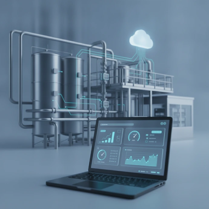 AI Generated Render corporativo: dashboard + planta industrial con 3 medidores